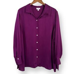 J Jill Top Womens Size 2X Purple Satin Long Sleeve Button Up Blouse Shirt